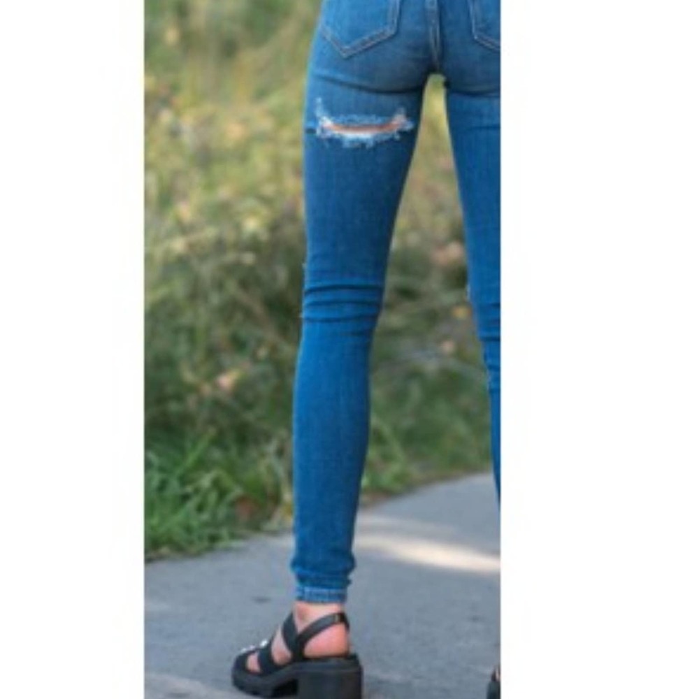 Pretty Little Thing Cheeky Jeans Size 12 Ripped DARK BLUE Bum Mid Wash Skinny‎ - Picture 6 of 6